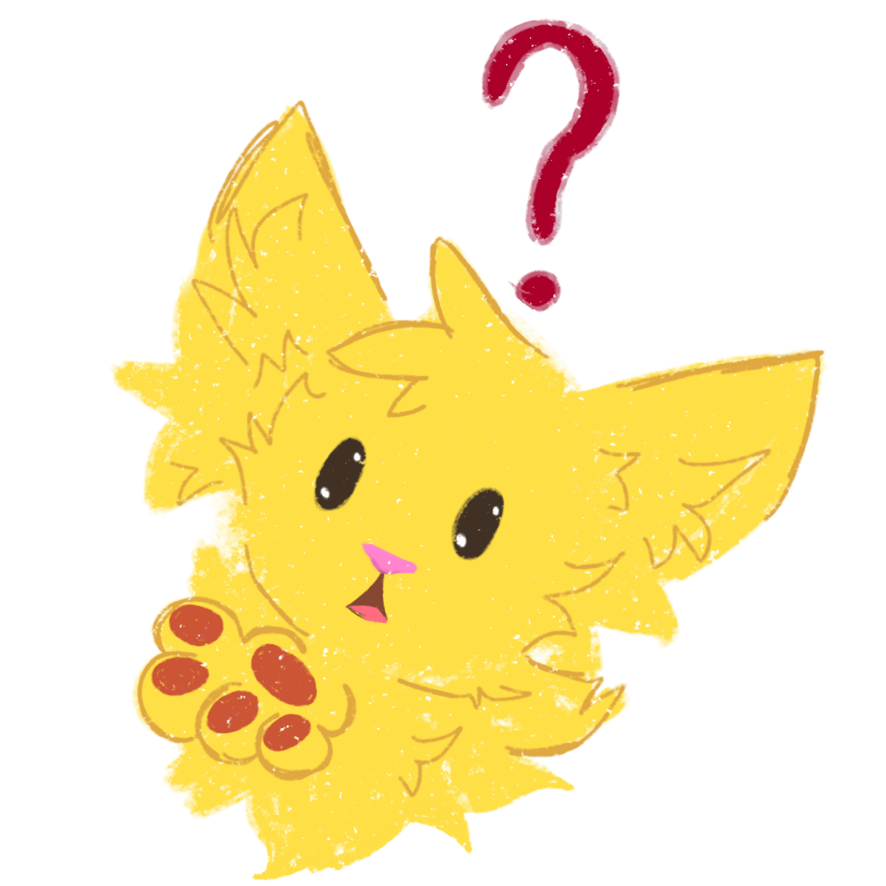 cute, fluffy yellow cat with large, round eyes with its head tilted. It appears to be asking a question, with its mouth open and a question mark hovering above its head. The drawing is crayon textured, giving it a soft, fuzzy appearance. Its paw is raised, as if it's lending a hand